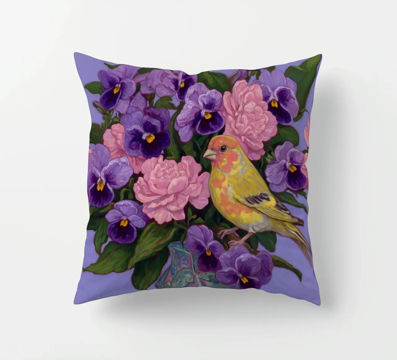 Viole in fiore con uccelli cuscino da Carinaprint