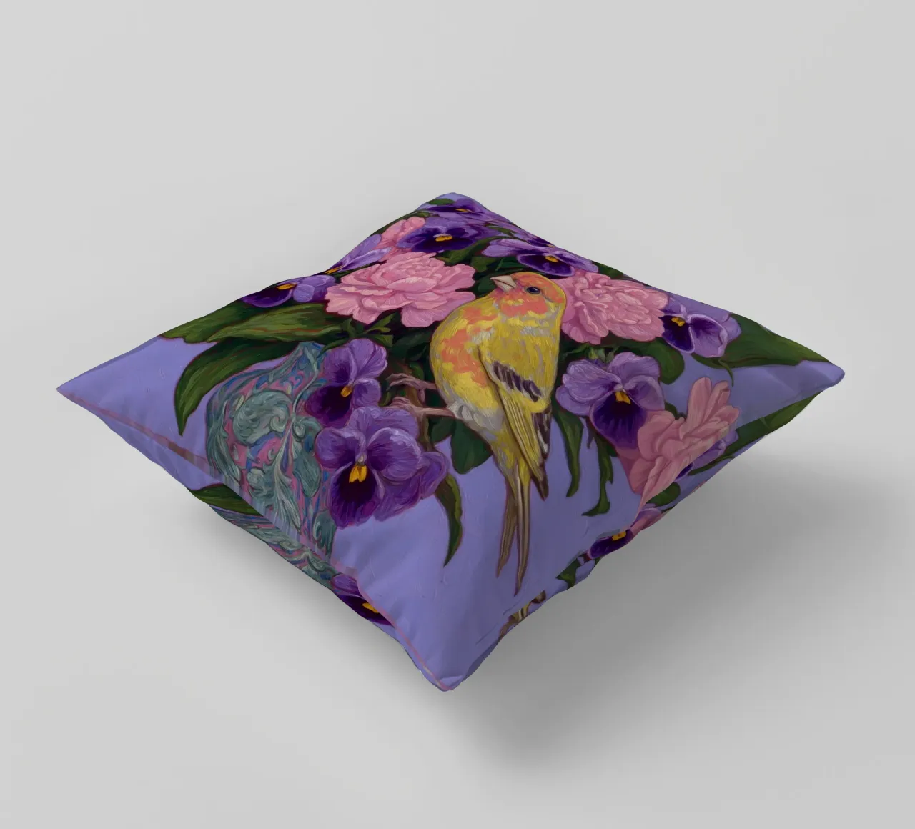 Viole in fiore con uccelli cuscino da Carinaprint