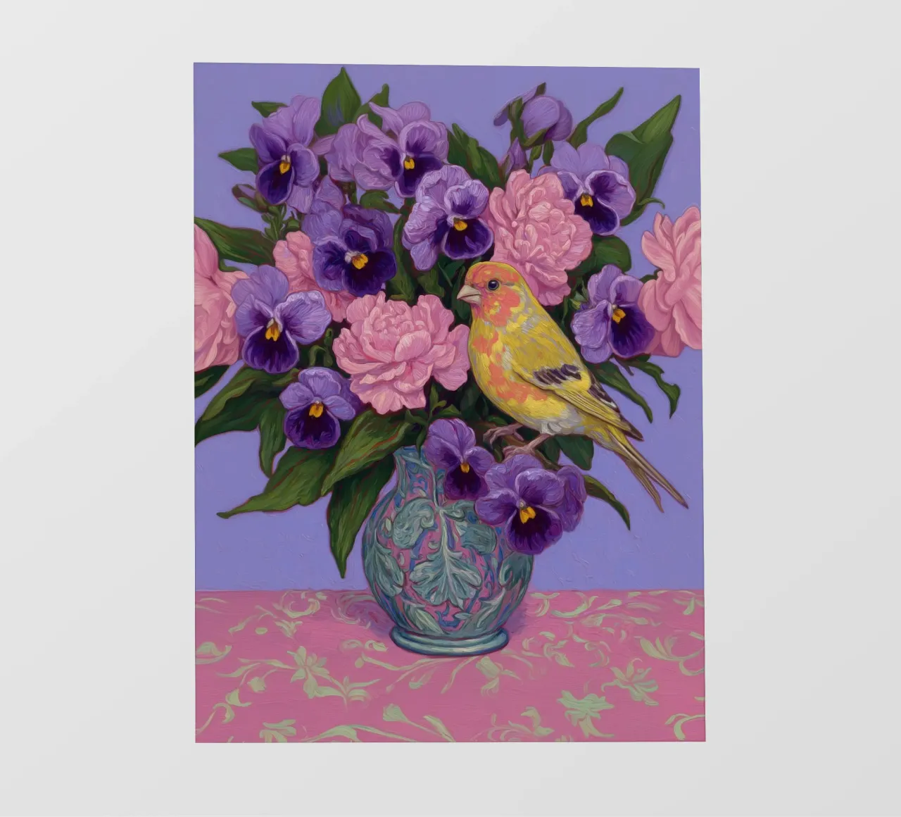 Viole in fiore con uccelli telo in pvc da Carinaprint