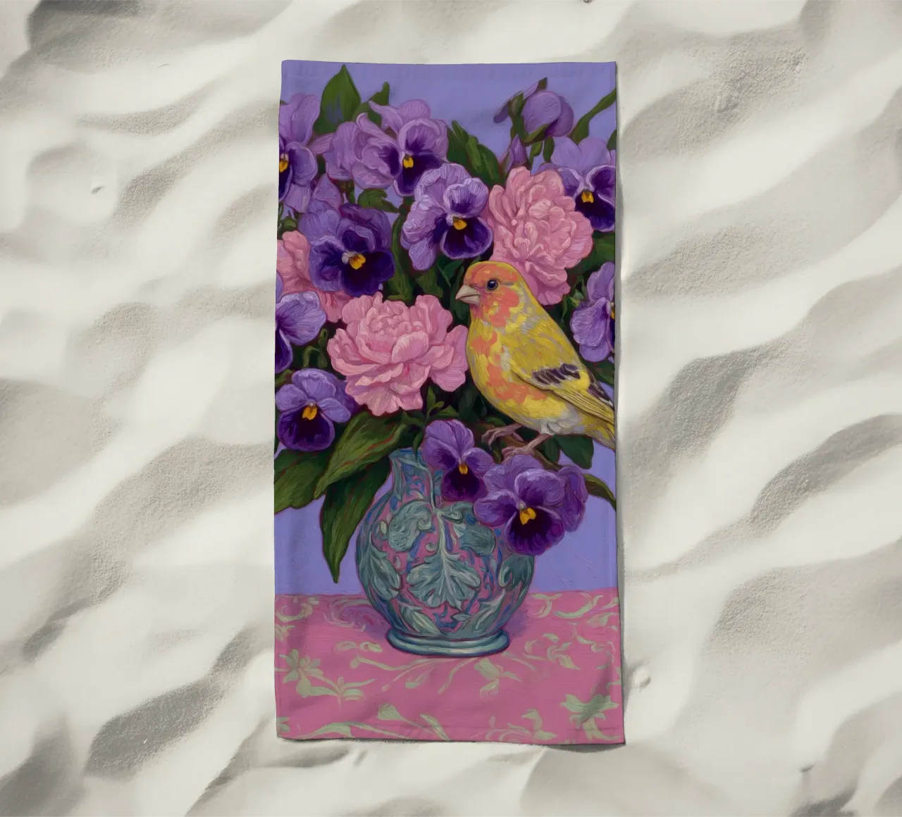Viole in fiore con uccelli telo mare da Carinaprint