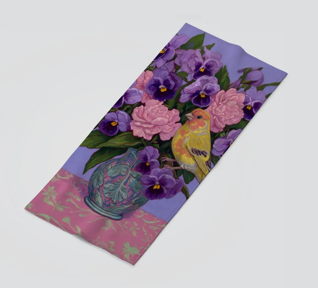 Viole in fiore con uccelli telo mare da Carinaprint