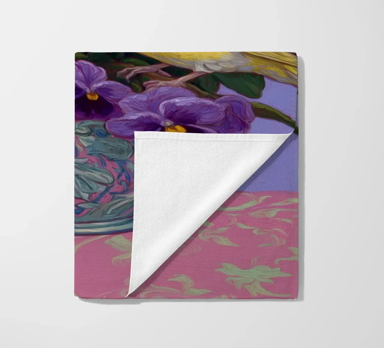 Viole in fiore con uccelli telo mare da Carinaprint