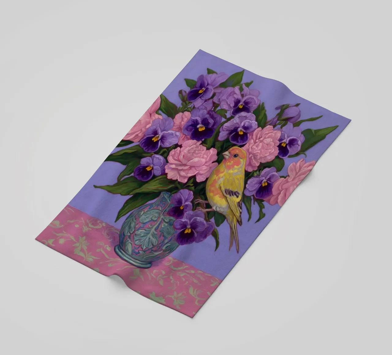 Viole in fiore con uccelli telo mare da Carinaprint
