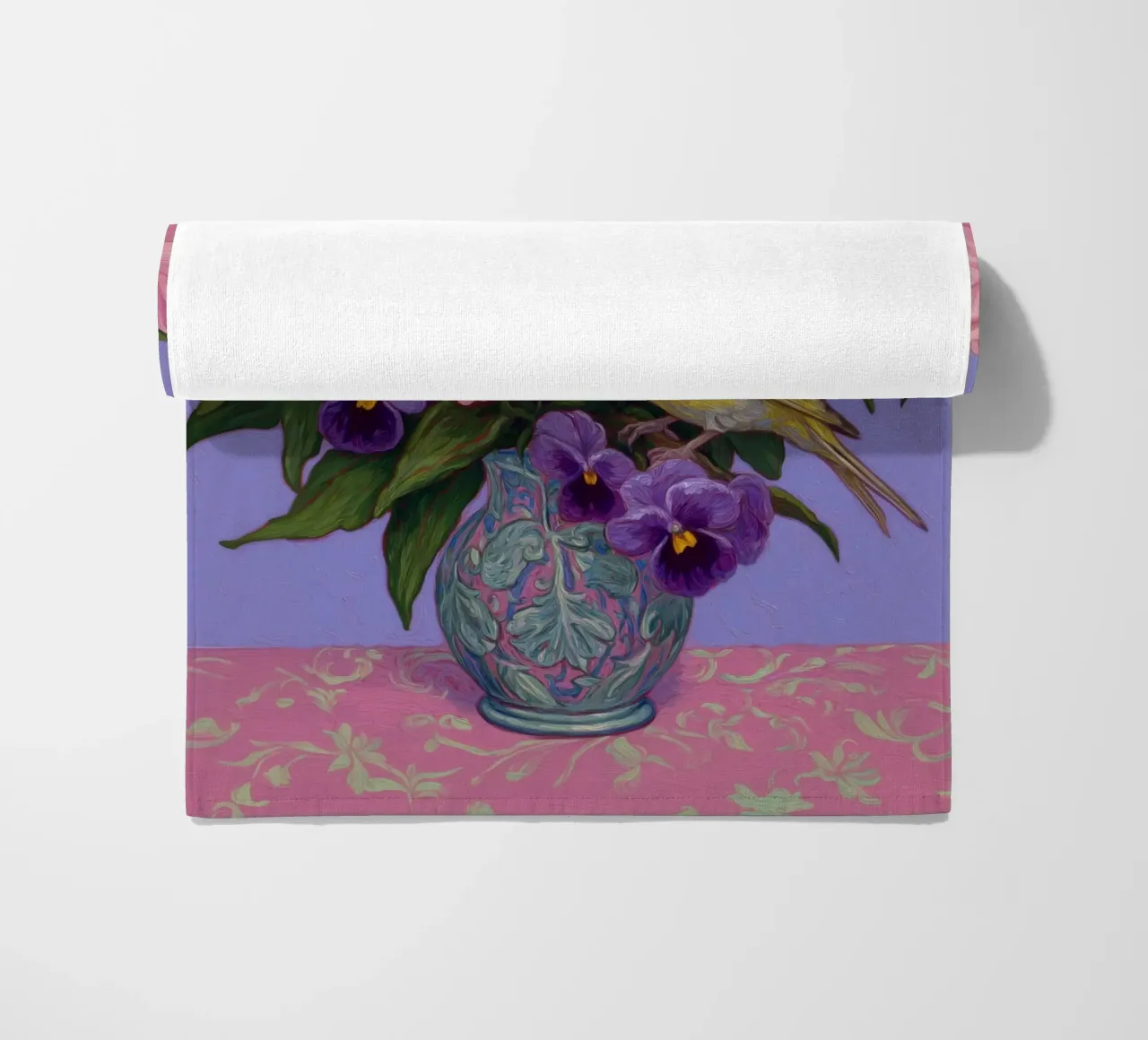 Viole in fiore con uccelli telo mare da Carinaprint