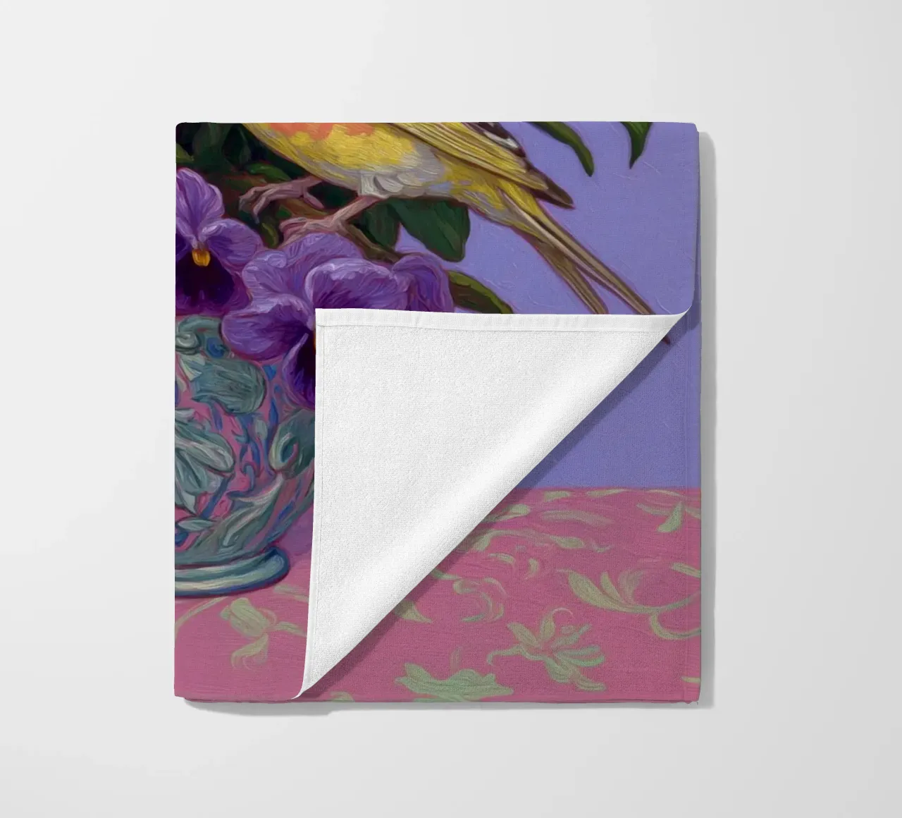 Viole in fiore con uccelli telo mare da Carinaprint