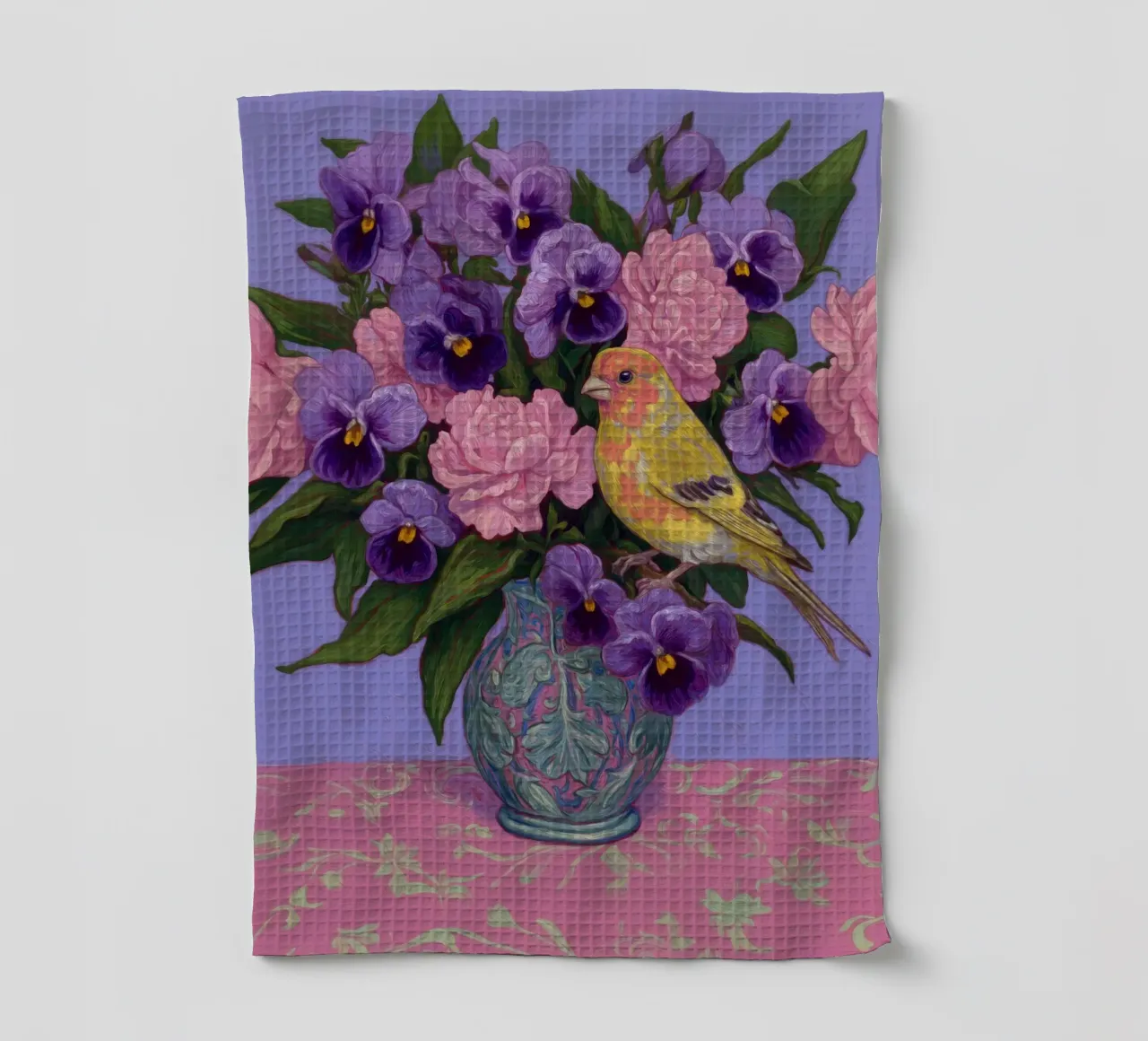 Viole in fiore con uccelli canovaccio da cucina da Carinaprint