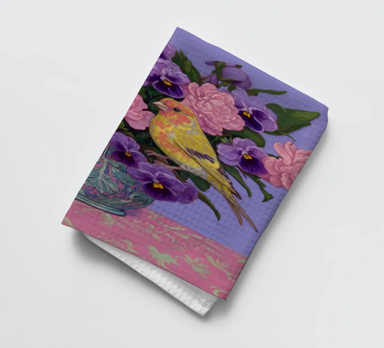 Viole in fiore con uccelli canovaccio da cucina da Carinaprint