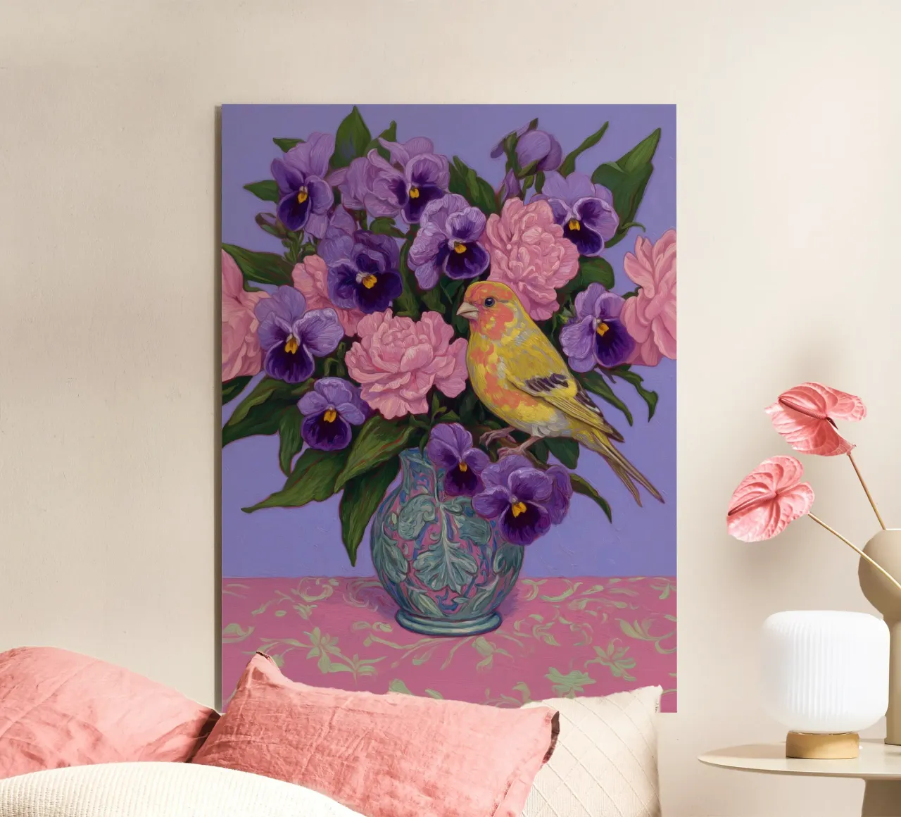 Viole in fiore con uccelli alluminio dibond da Carinaprint