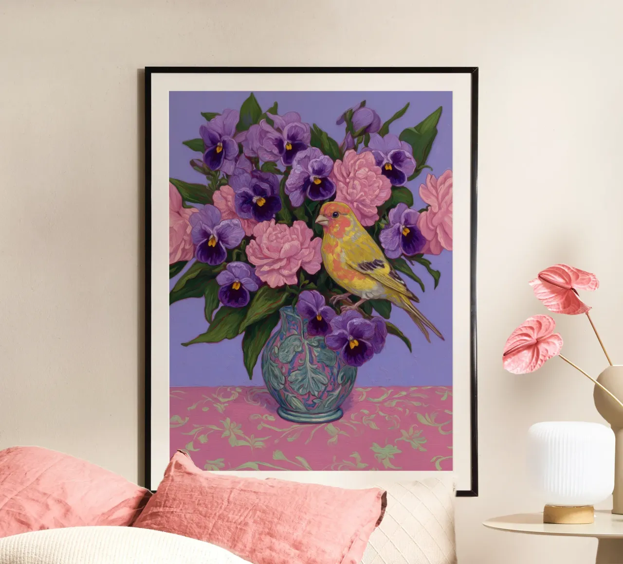 Viole in fiore con uccelli carta hahnemühle da Carinaprint