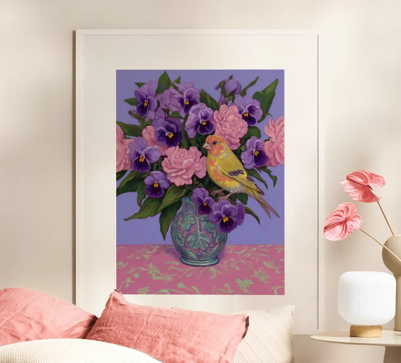Viole in fiore con uccelli carta hahnemühle da Carinaprint
