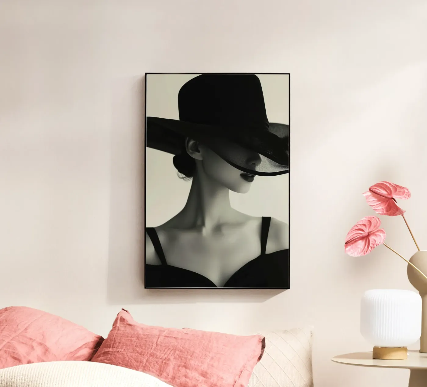 Vrouwen en zwarte hoed acryl van Lorraine Mooore