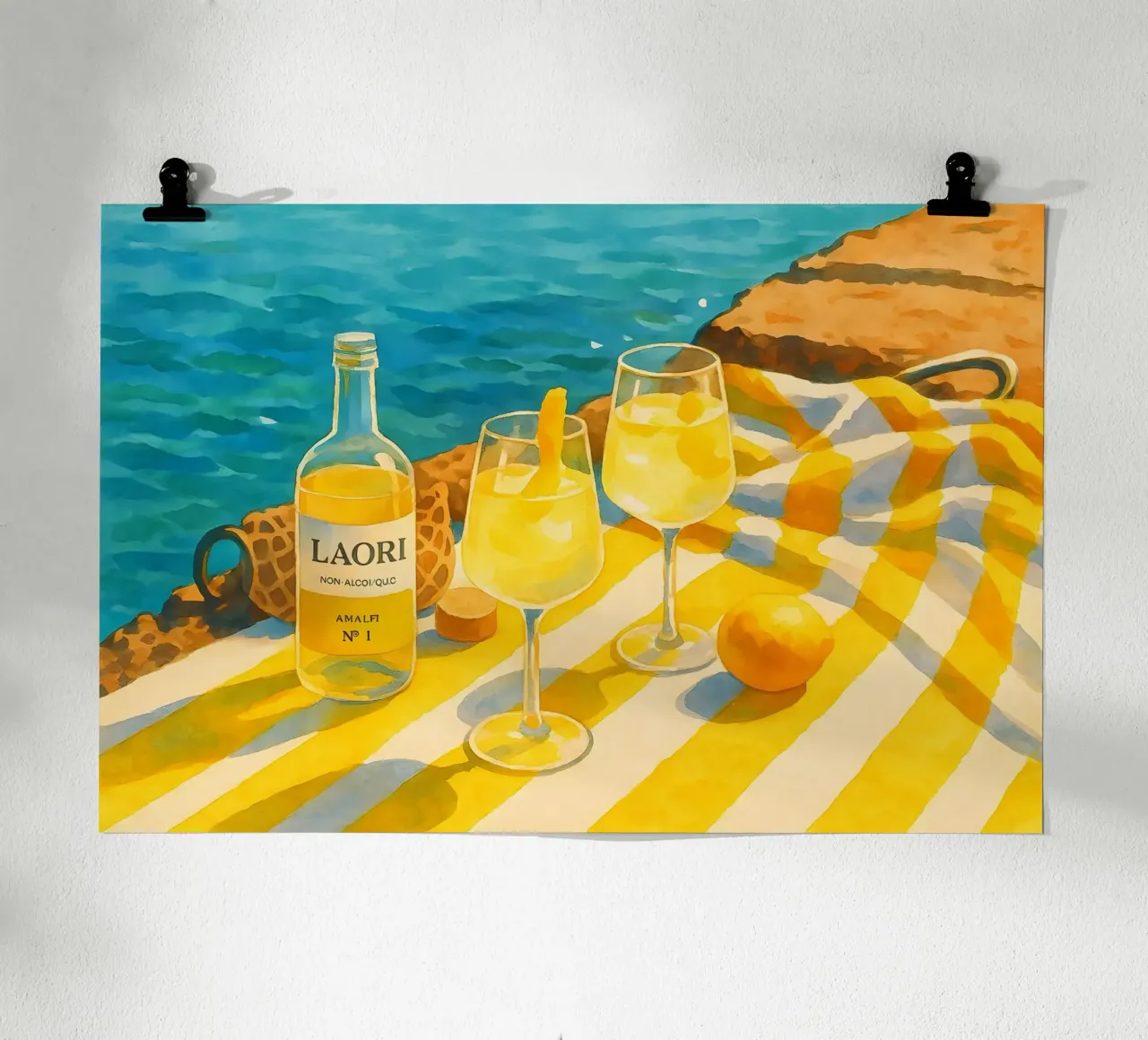 Bevanda rinfrescante agli agrumi di Amalfi in riva al mare poster con telaio in legno da Aquarevo