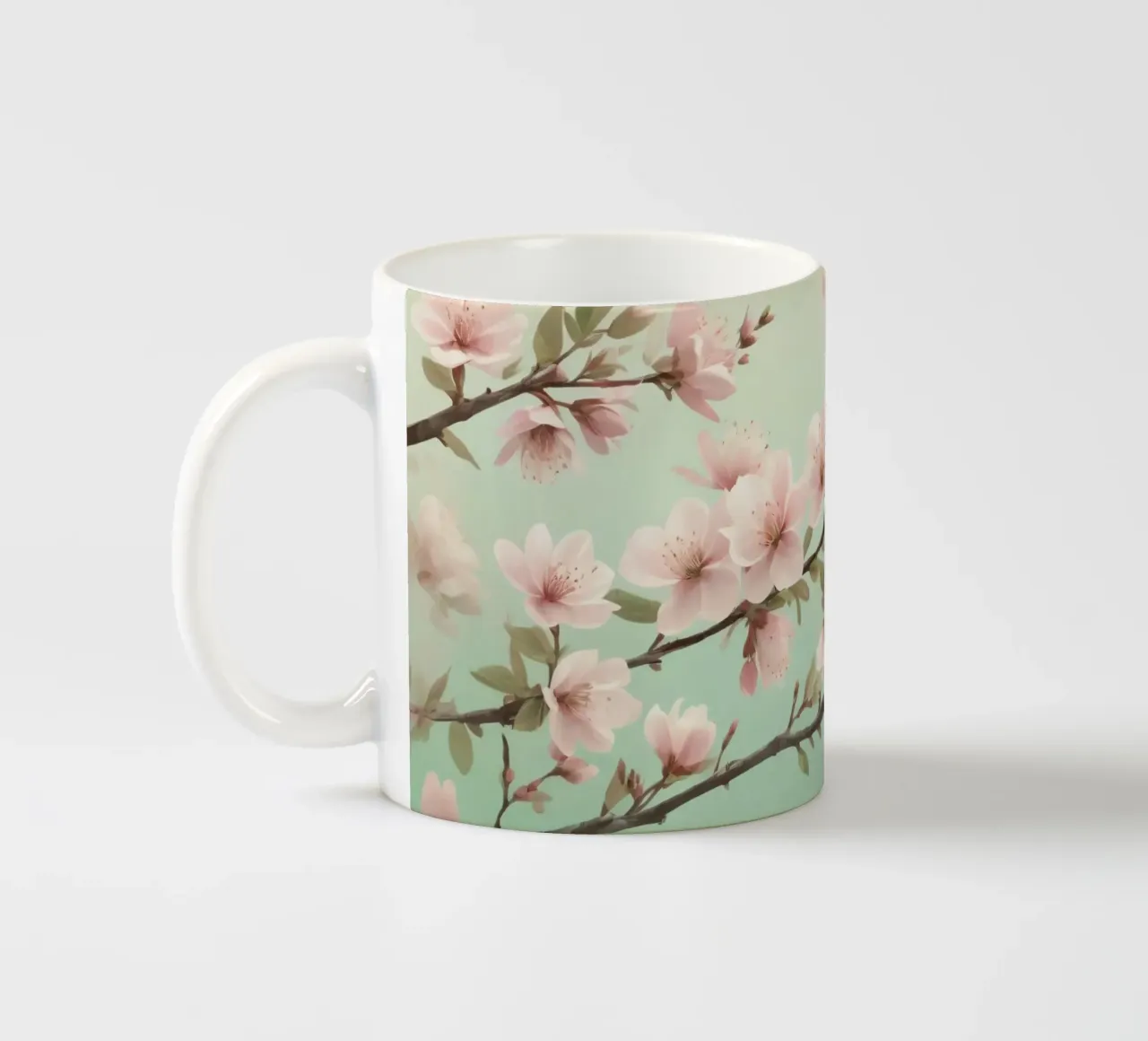 Blossoms blooming on branches under soft turquoise sky ceramic mug by DesignDoodle