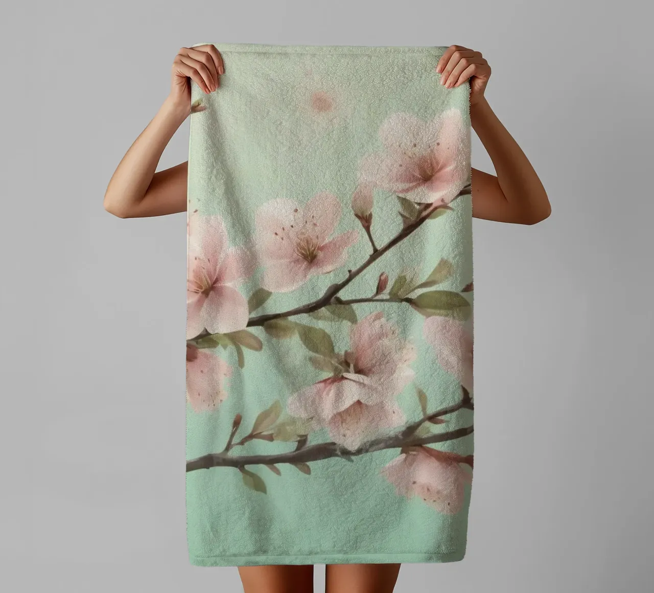 Blossoms blooming on branches under soft turquoise sky towel by DesignDoodle