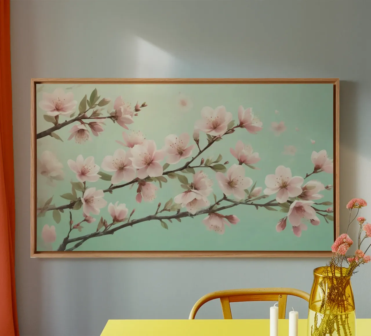Blossoms blooming on branches under soft turquoise sky canvas with Floater frame by DesignDoodle