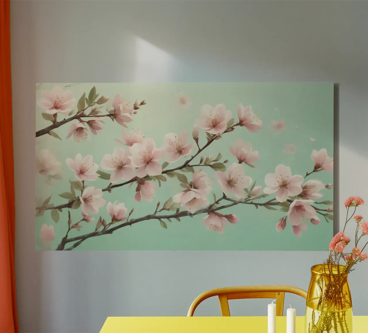 Blossoms blooming on branches under soft turquoise sky canvas with Floater frame by DesignDoodle