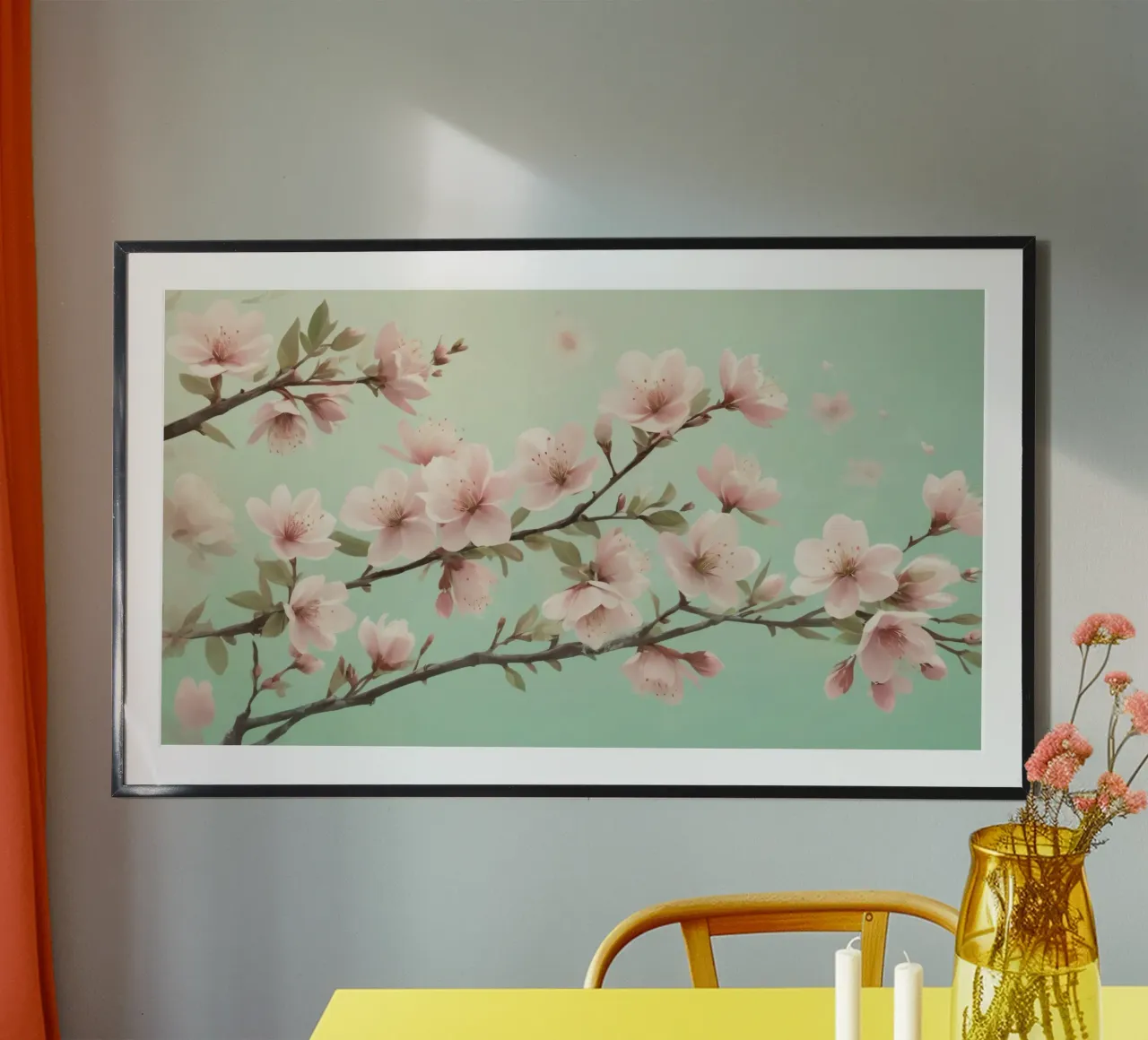Flores floreciendo en las ramas bajo un suave cielo turquesa poster con marco de madera de DesignDoodle
