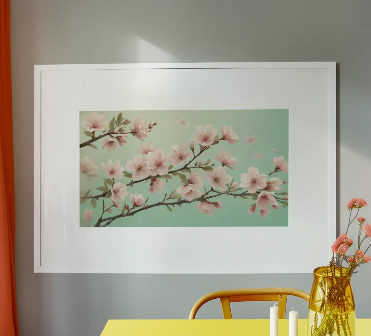 Flores floreciendo en las ramas bajo un suave cielo turquesa poster con marco de madera de DesignDoodle