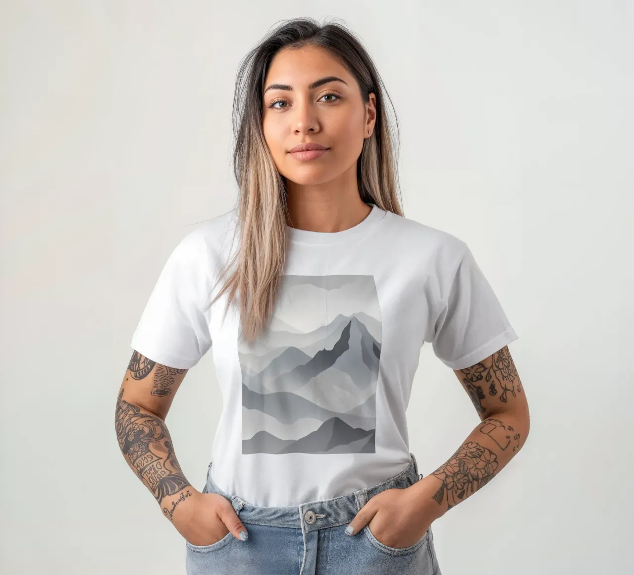Paesaggio montano in scala di grigi che mostra strati di cime t-shirt da DesignDoodle