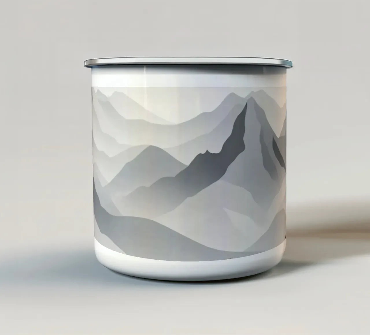 Paesaggio montano in scala di grigi che mostra strati di cime tazza in smalto da DesignDoodle