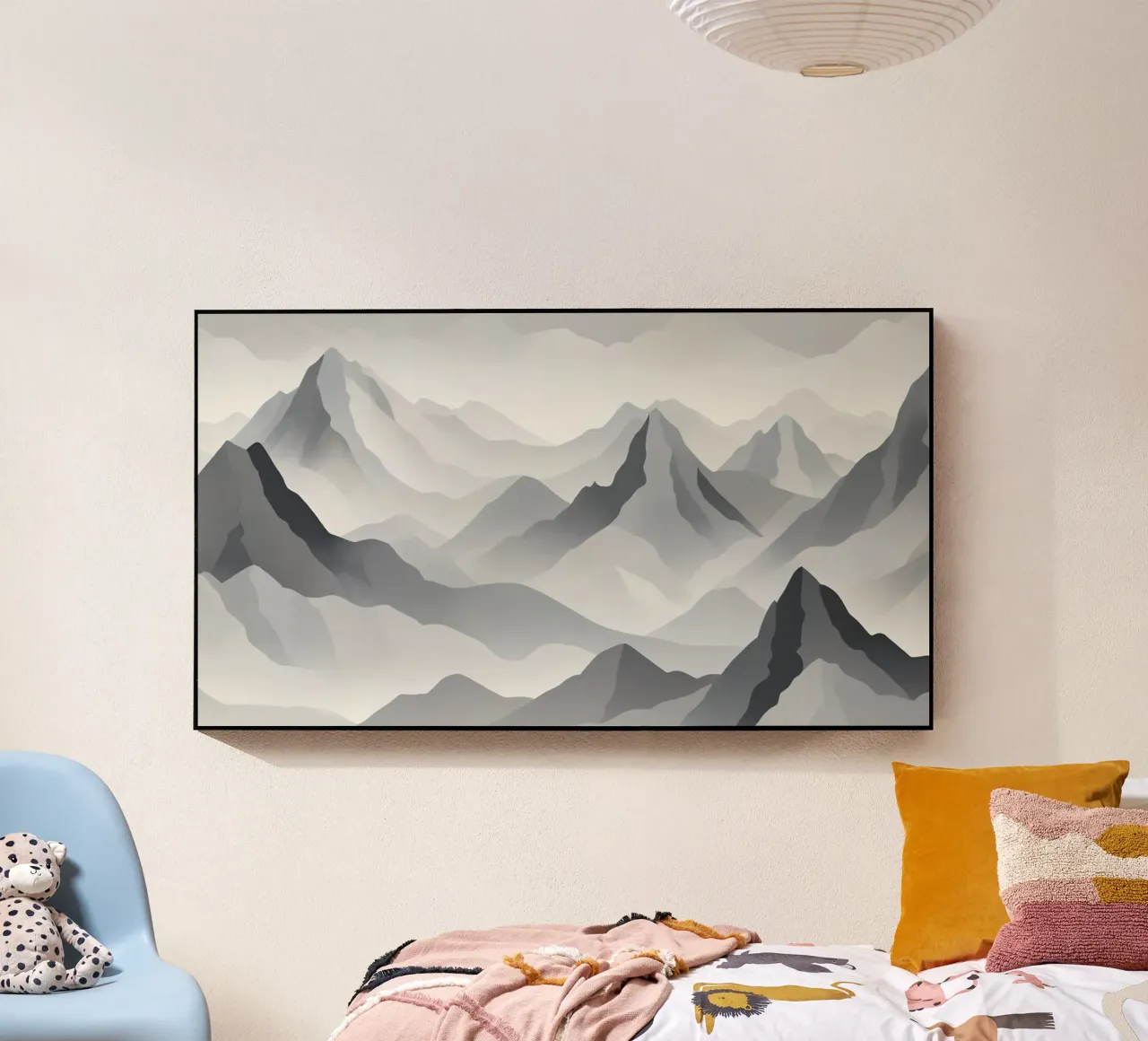 Paesaggio montano in scala di grigi che mostra strati di cime plexiglass da DesignDoodle