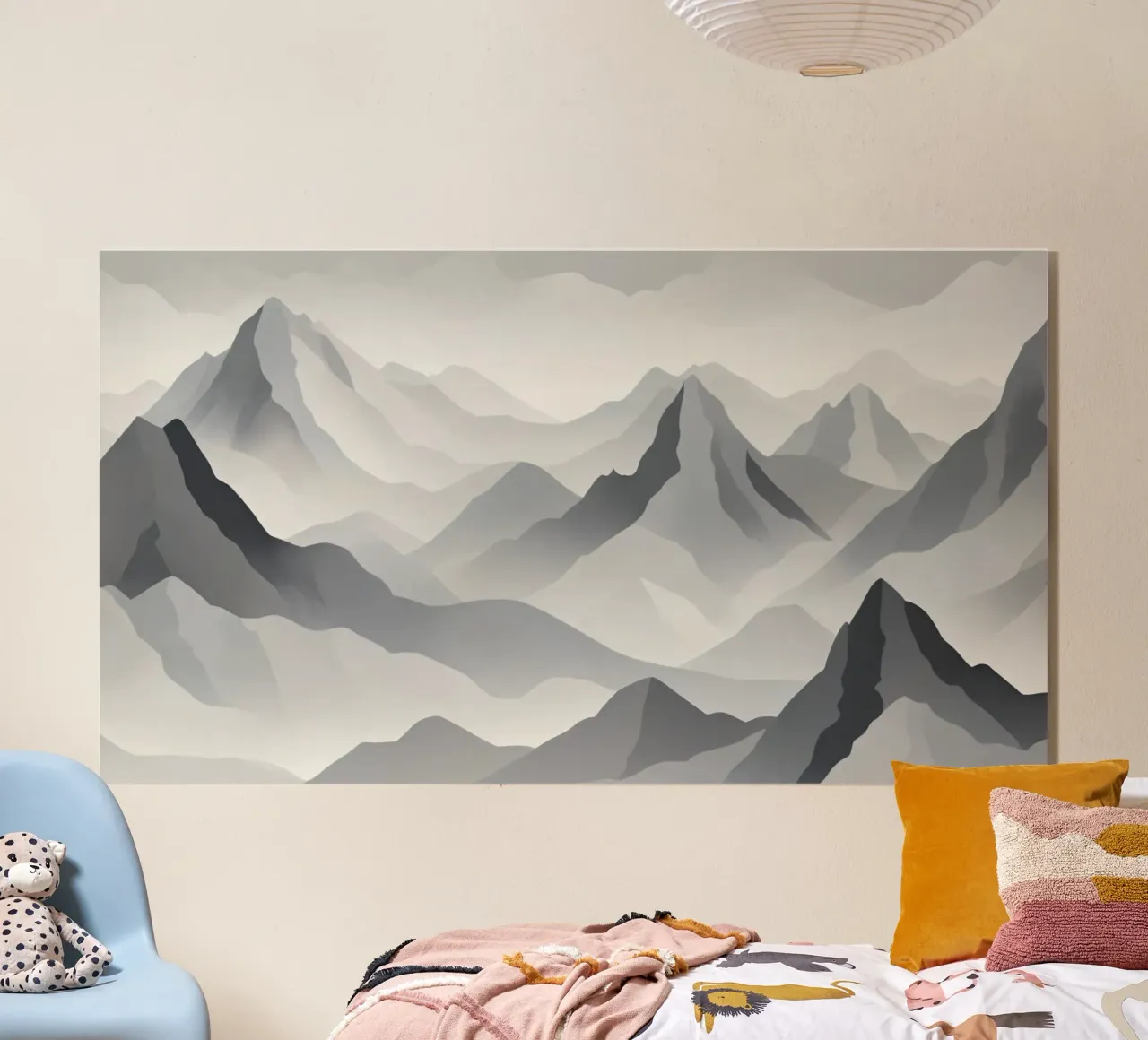 paisaje montañoso en escala de grises que muestra capas de picos metacrilato de DesignDoodle