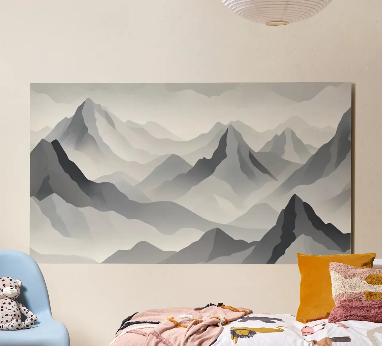 Paesaggio montano in scala di grigi che mostra strati di cime alluminio dibond da DesignDoodle
