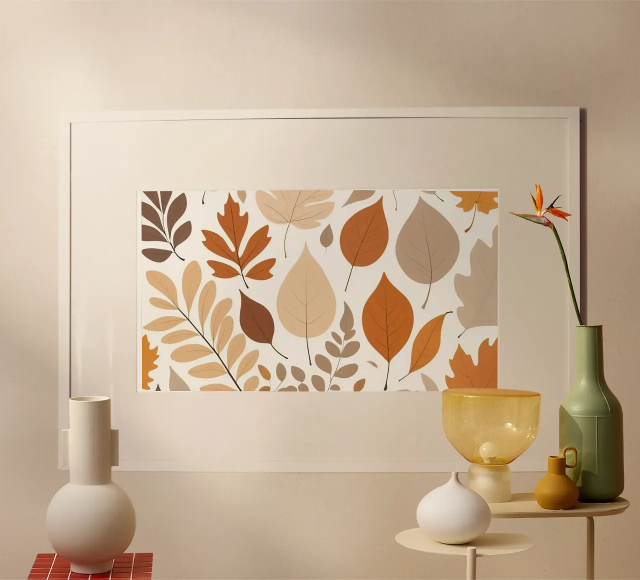 Foglie d'autunno di varie forme e colori disposte poster con telaio in alluminio da DesignDoodle