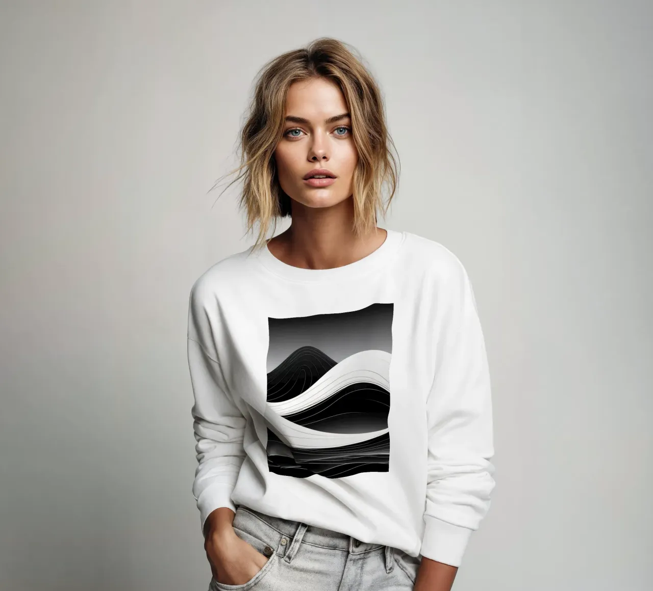 Dynamic black and white waves creating an abstract landscape sweatshirt by DesignDoodle
