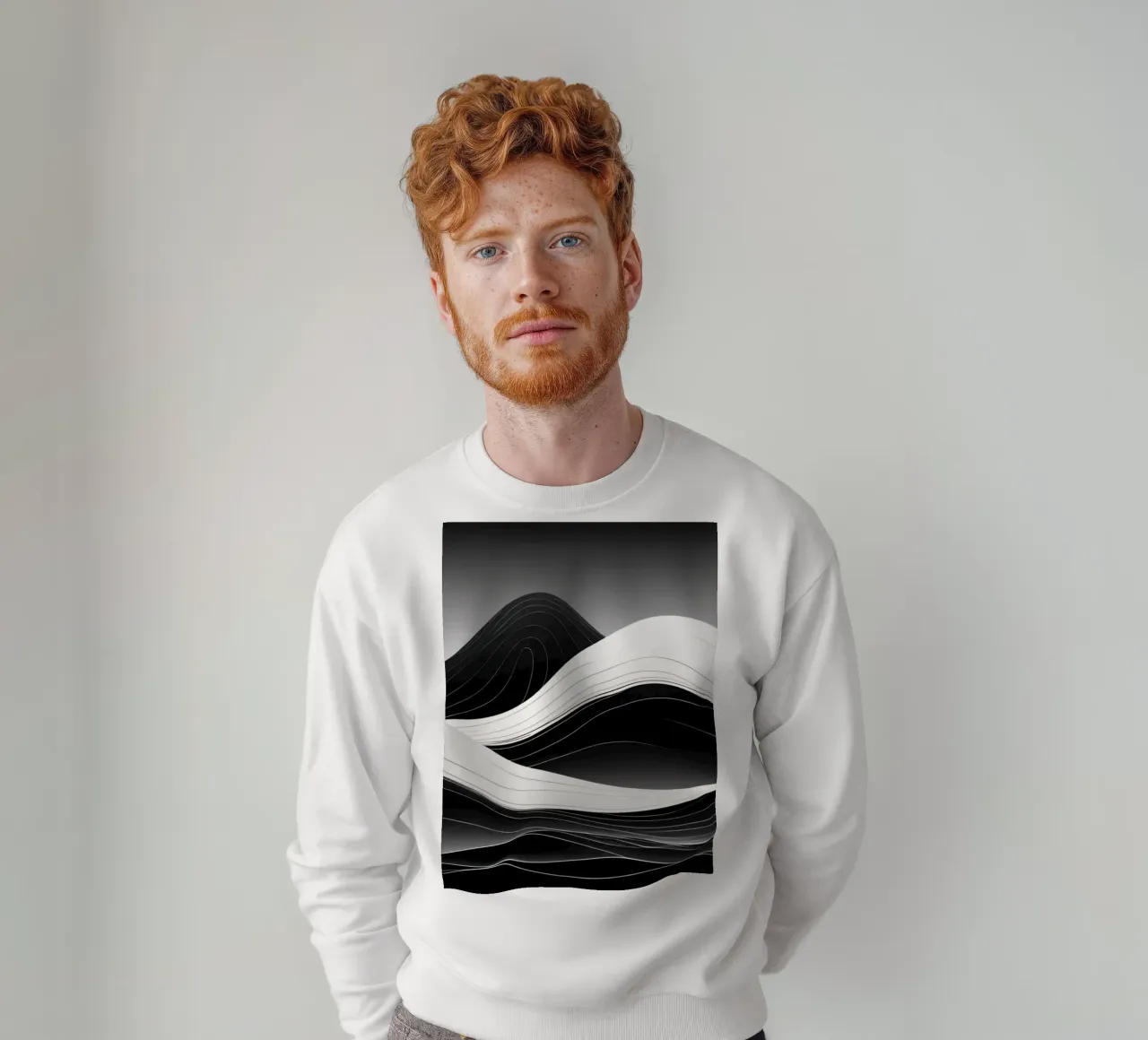 Dynamic black and white waves creating an abstract landscape sweatshirt by DesignDoodle