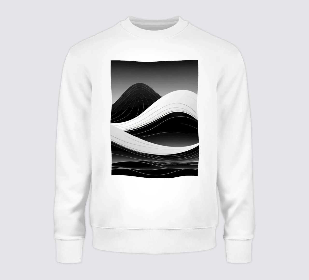 Dynamic black and white waves creating an abstract landscape sweatshirt by DesignDoodle