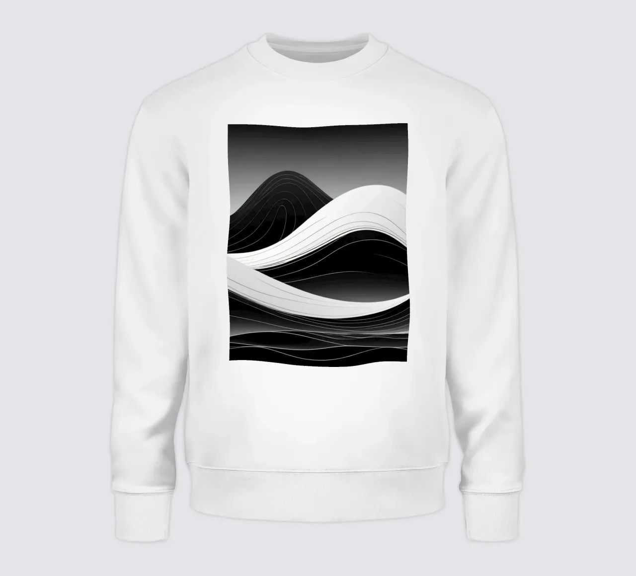Dynamic black and white waves creating an abstract landscape sweatshirt by DesignDoodle