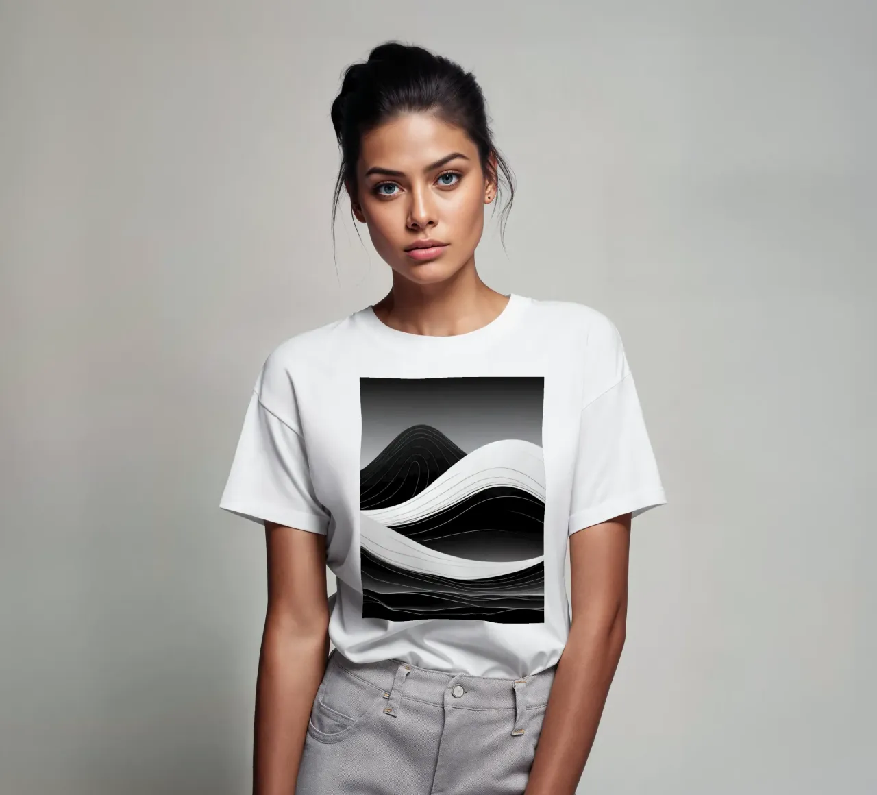 Dynamic black and white waves creating an abstract landscape t-shirt by DesignDoodle