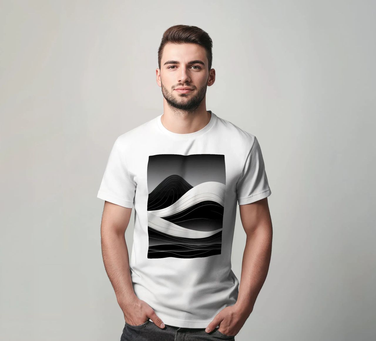 Dynamic black and white waves creating an abstract landscape t-shirt by DesignDoodle