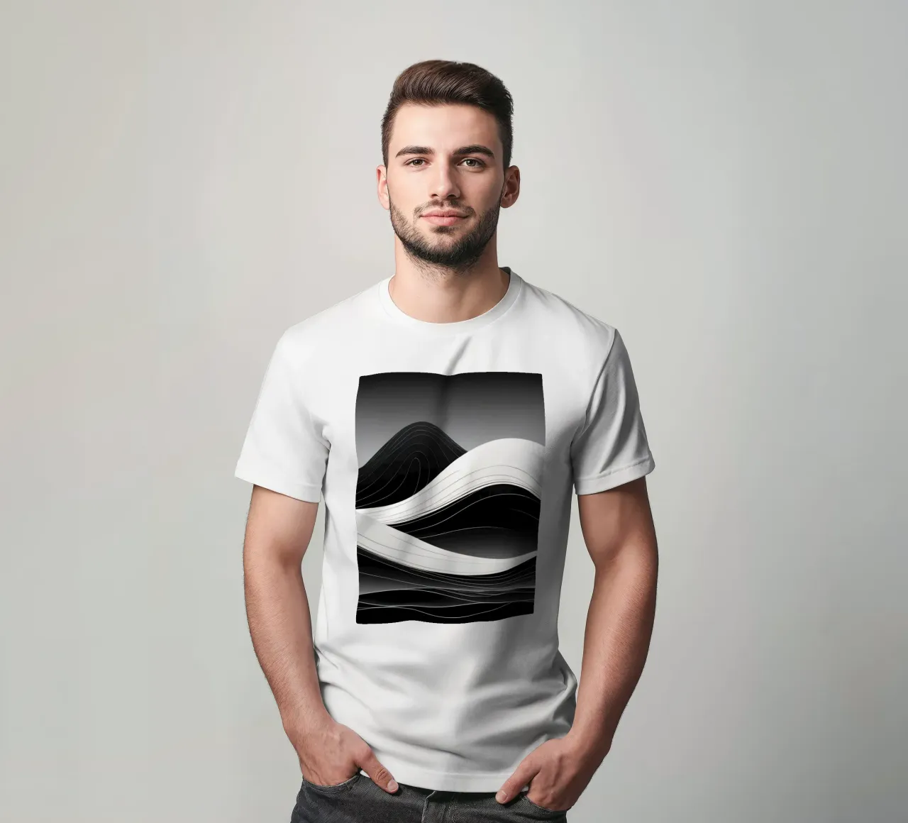 Dynamic black and white waves creating an abstract landscape t-shirt by DesignDoodle