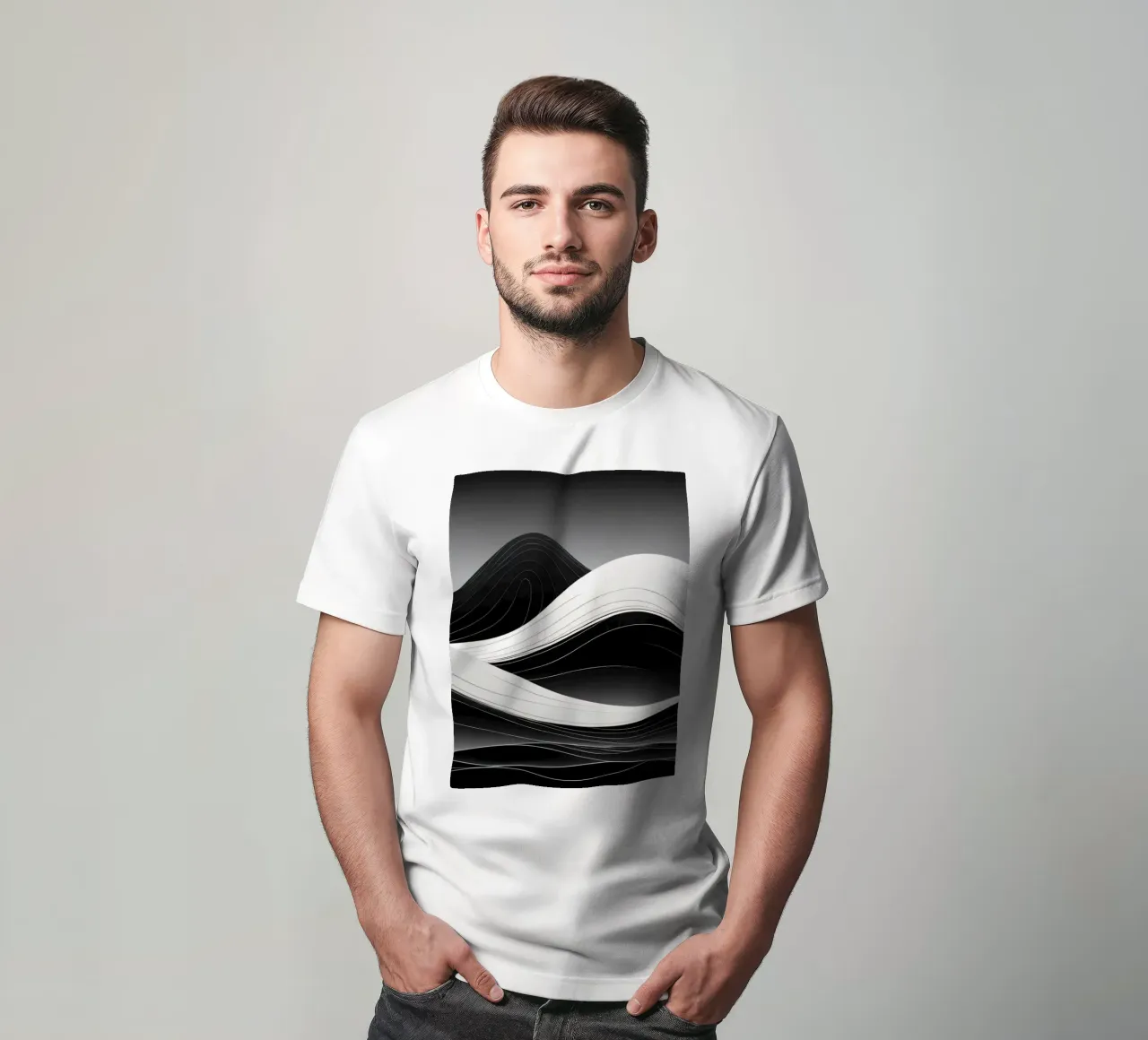 Dynamische schwarze und weiße Wellen, die eine abstrakte Landschaft bilden T-Shirt von DesignDoodle