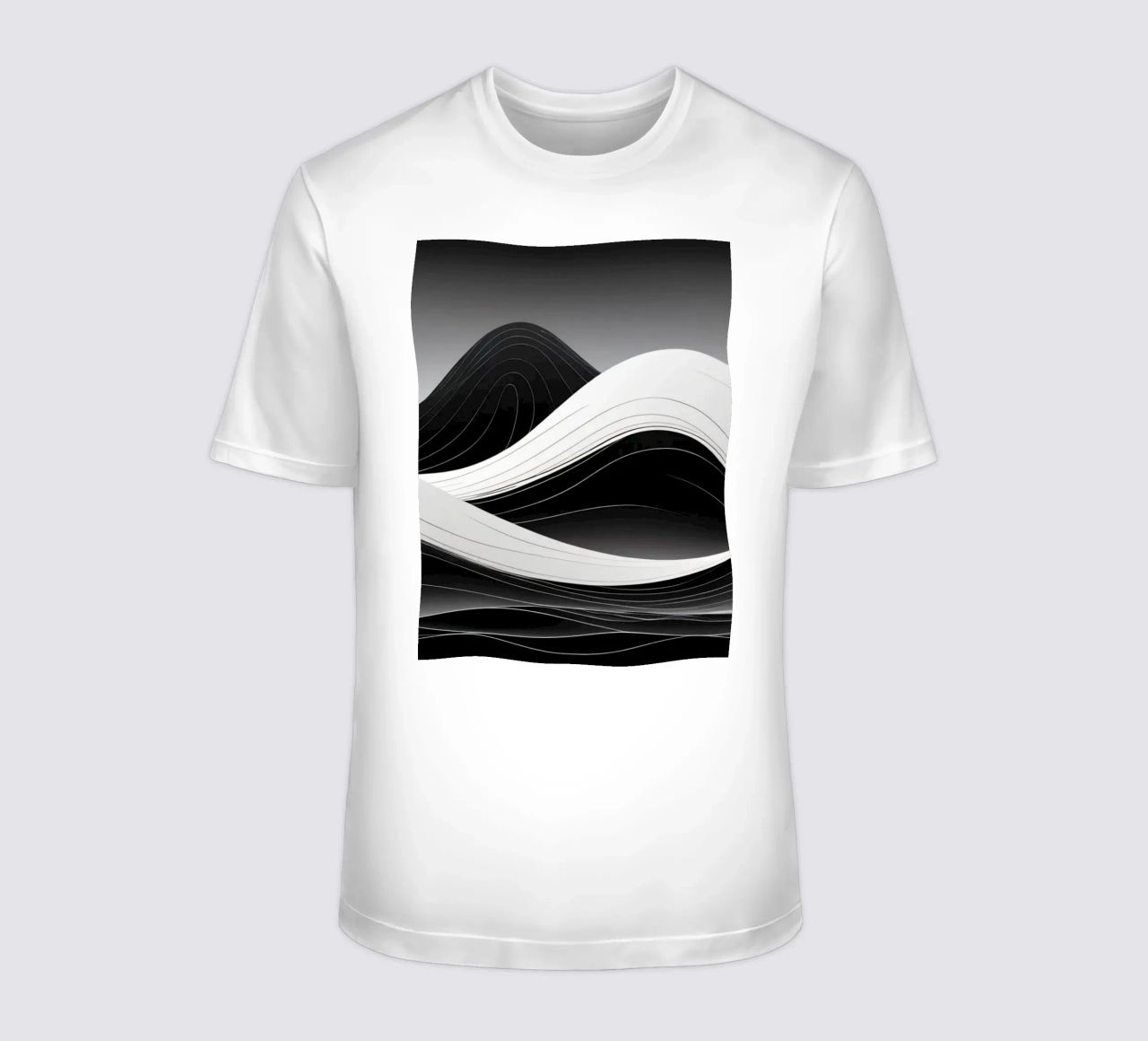 Dynamic black and white waves creating an abstract landscape t-shirt by DesignDoodle