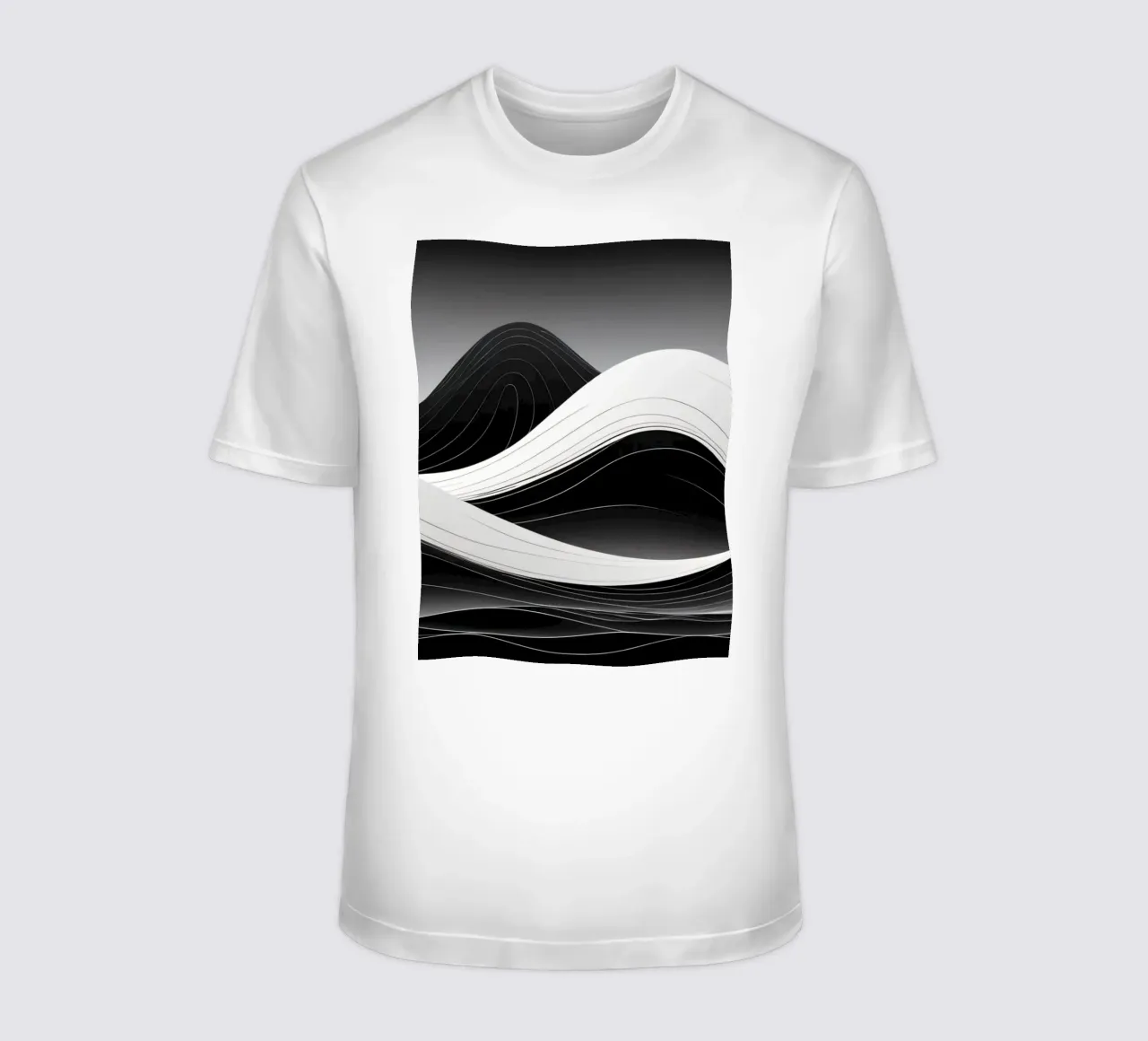 Dynamic black and white waves creating an abstract landscape t-shirt by DesignDoodle