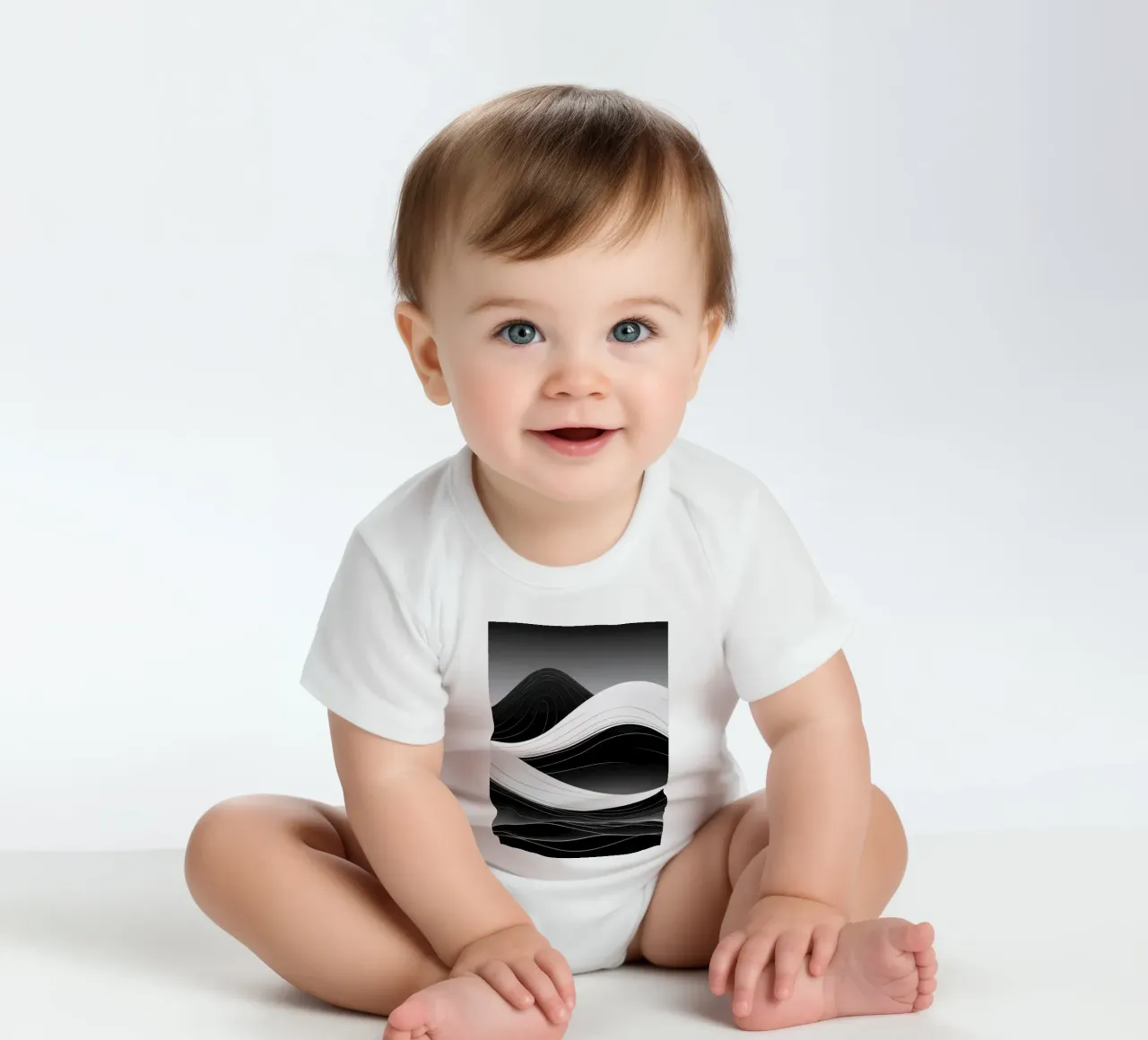 Dynamic black and white waves creating an abstract landscape short-sleeve baby romper by DesignDoodle