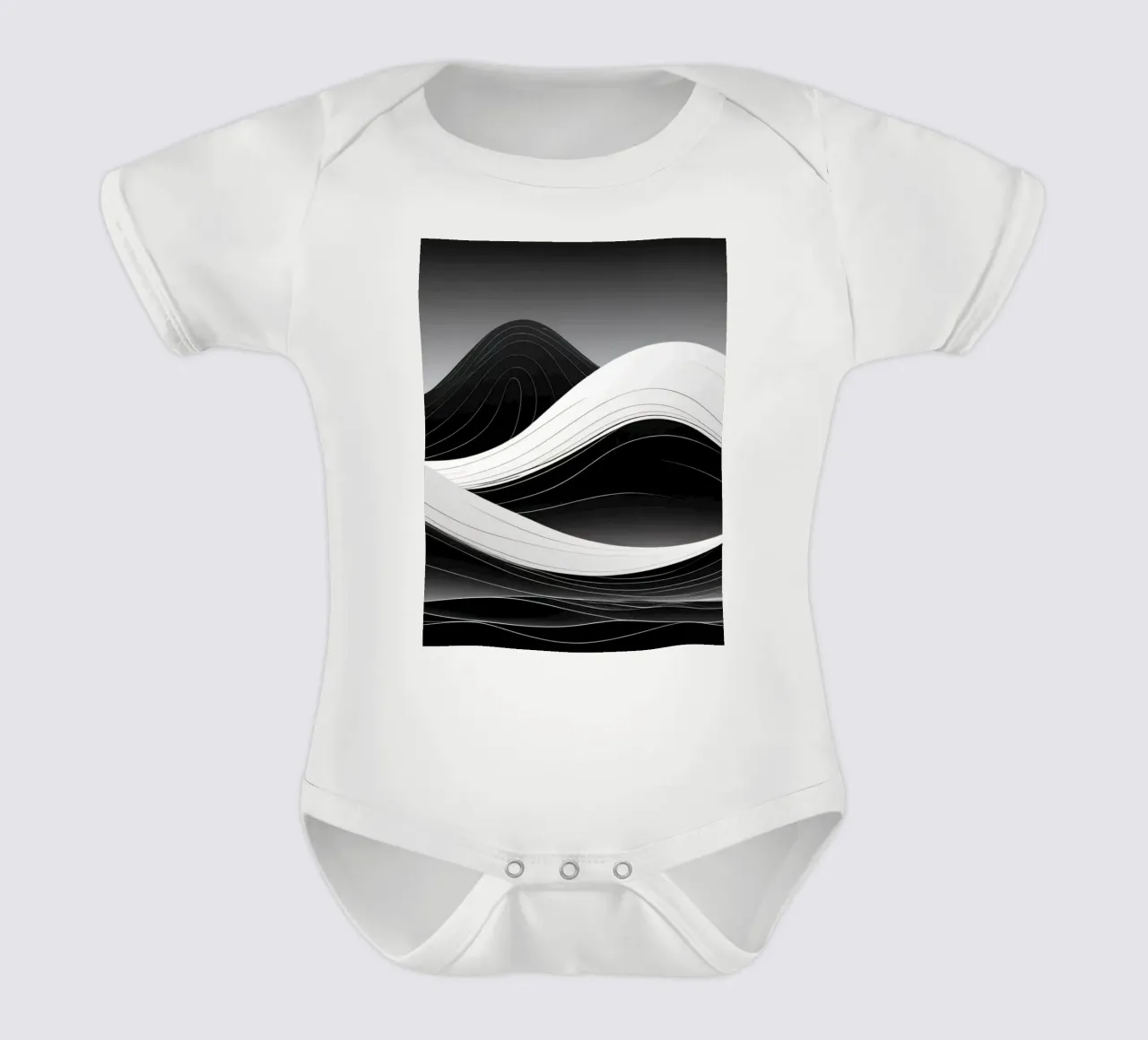 Dynamic black and white waves creating an abstract landscape short-sleeve baby romper by DesignDoodle