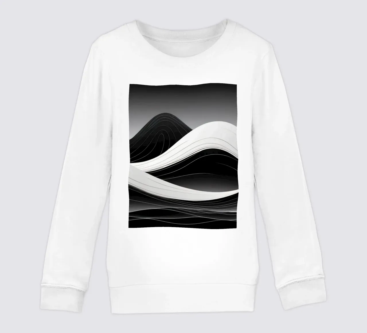 Dynamic black and white waves creating an abstract landscape kids sweatshirt by DesignDoodle