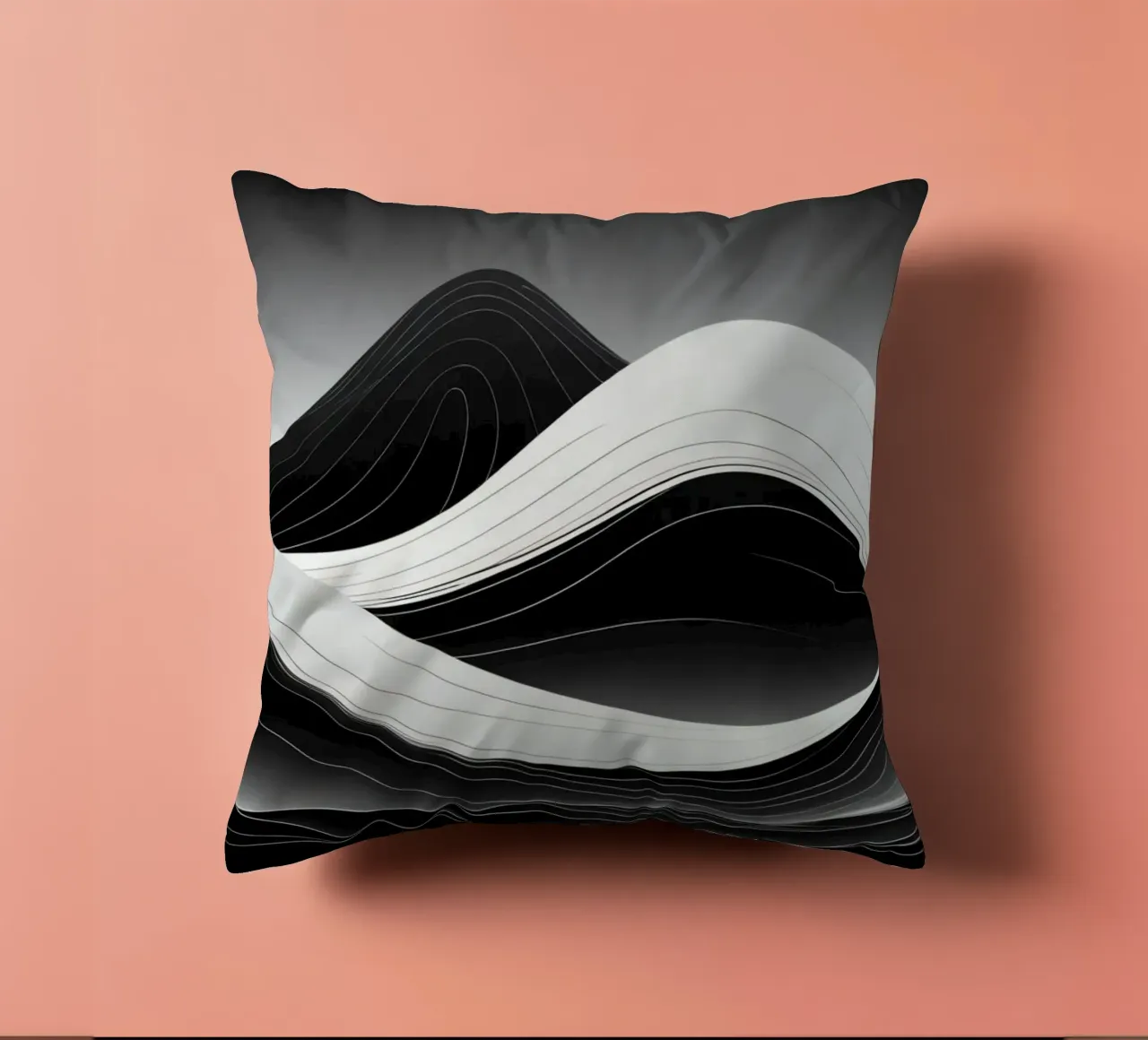 Dynamic black and white waves creating an abstract landscape decorative cushion by DesignDoodle