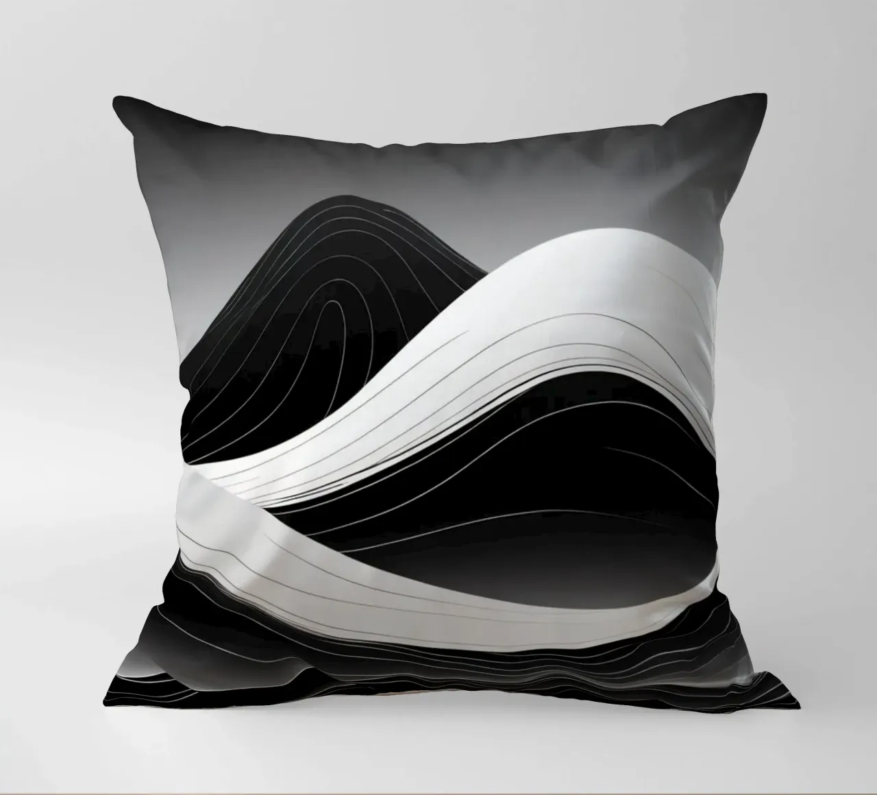 Dynamic black and white waves creating an abstract landscape decorative cushion by DesignDoodle