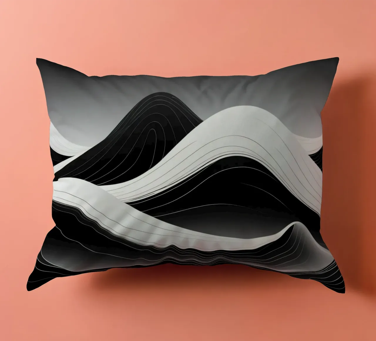 Dynamic black and white waves creating an abstract landscape decorative cushion by DesignDoodle