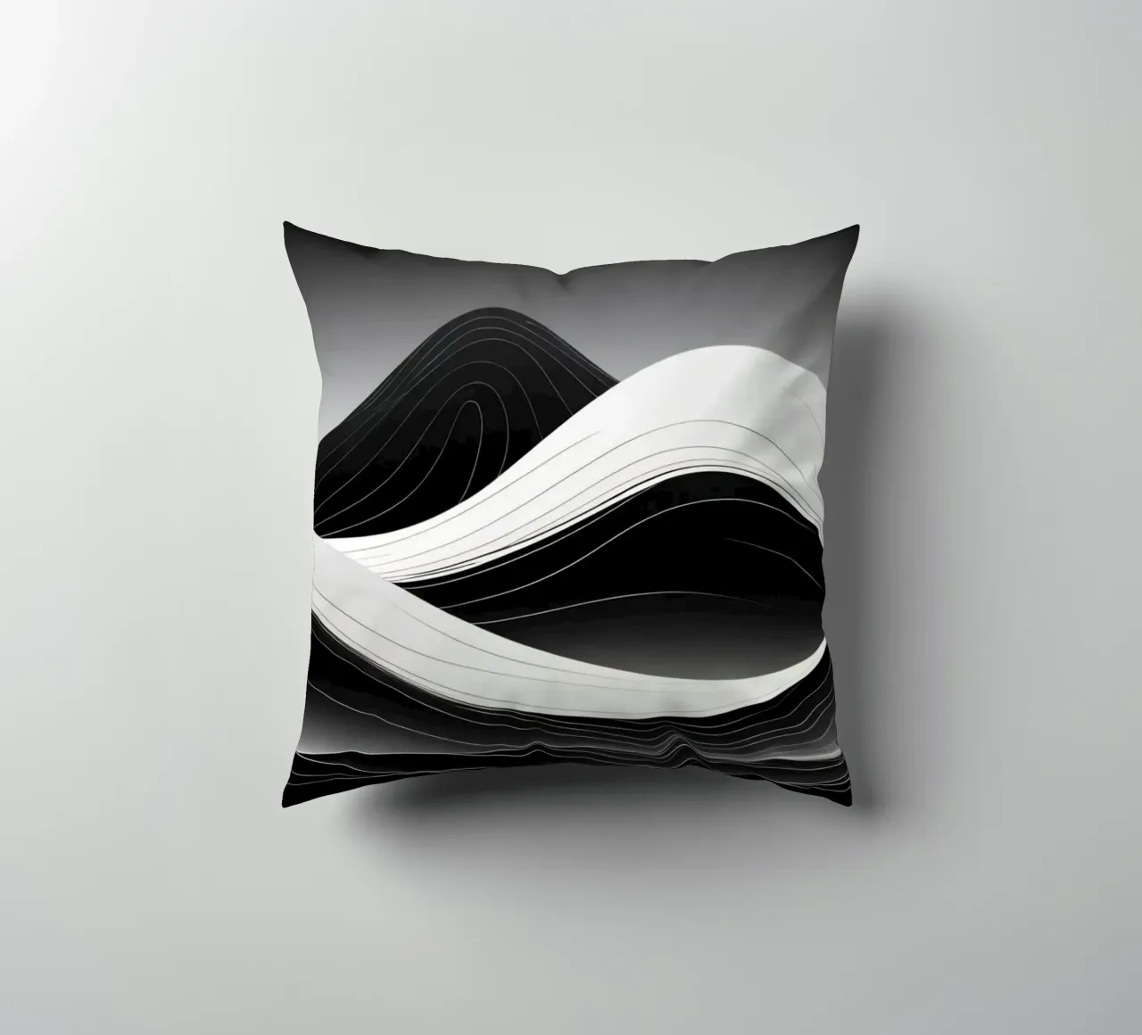 Dynamic black and white waves creating an abstract landscape decorative cushion by DesignDoodle
