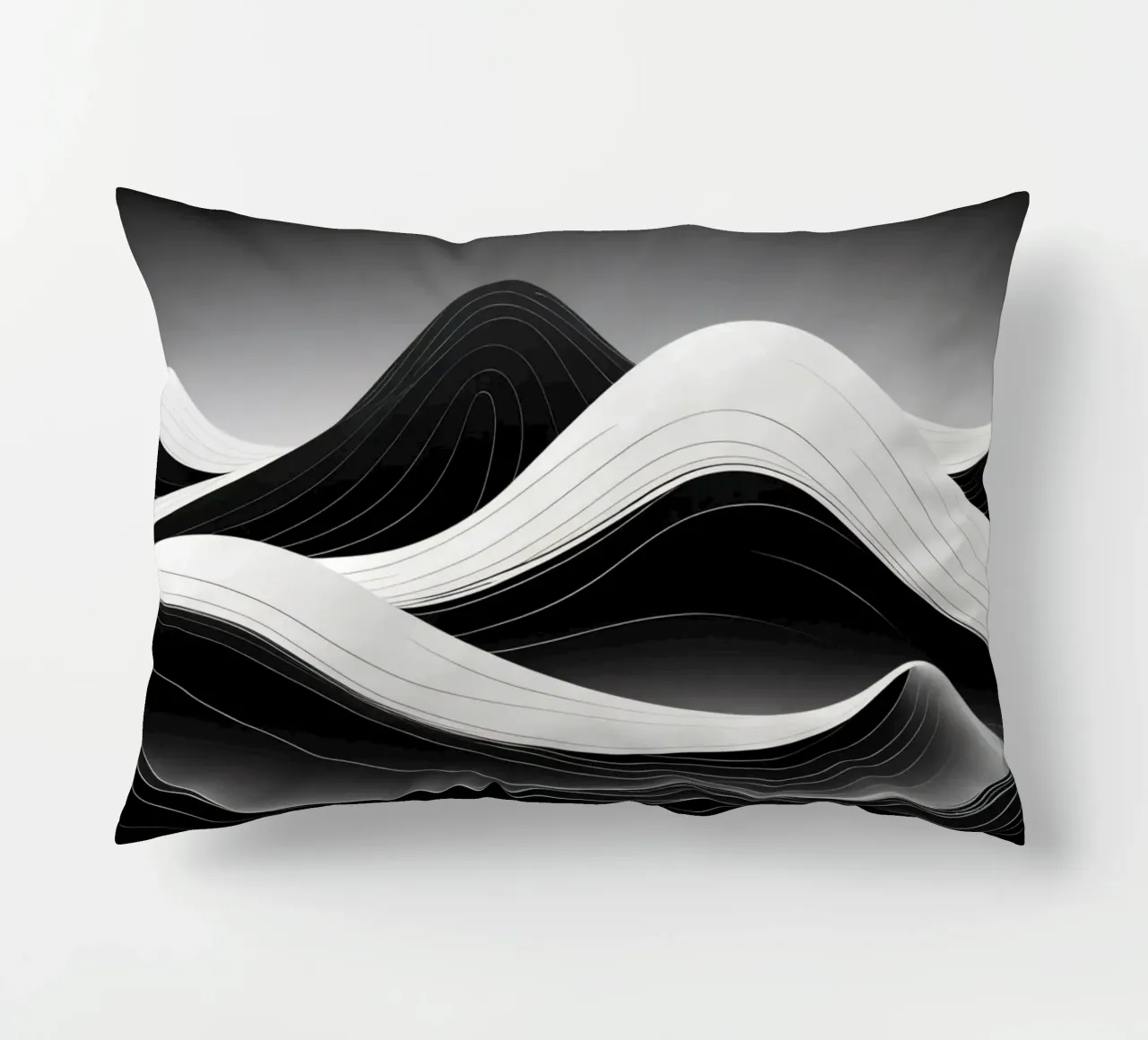 Dynamic black and white waves creating an abstract landscape decorative cushion by DesignDoodle