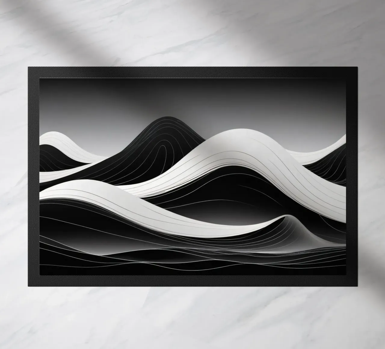 Dynamic black and white waves creating an abstract landscape doormat by DesignDoodle