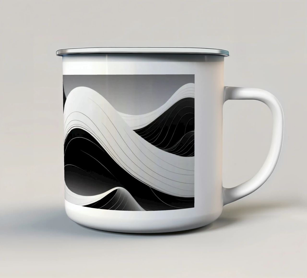 Dynamic black and white waves creating an abstract landscape enamel mug by DesignDoodle