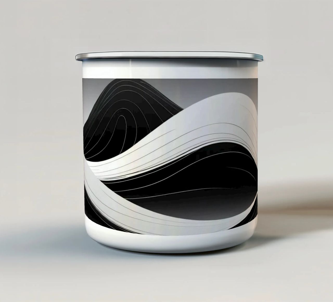 Dynamic black and white waves creating an abstract landscape enamel mug by DesignDoodle