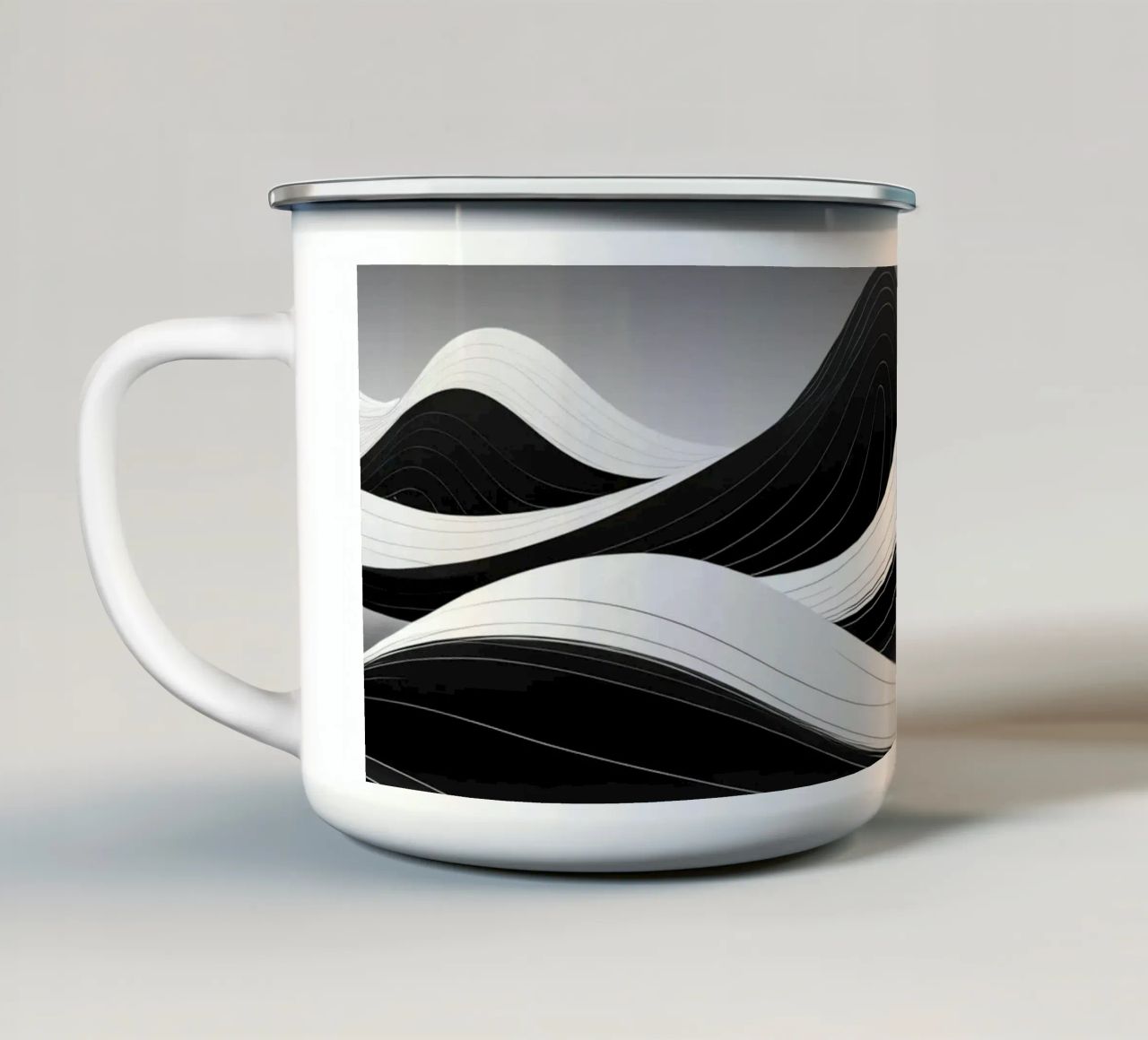 Dynamic black and white waves creating an abstract landscape enamel mug by DesignDoodle